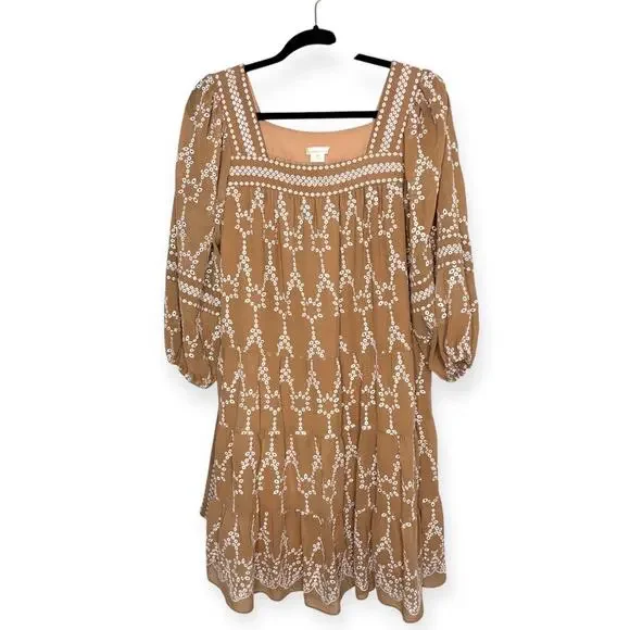 Shoshanna Torres tan and white long sleeve eyelet dress with tie waist women's 6 - Picture 4 of 9